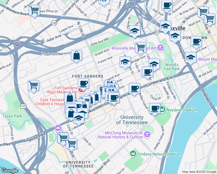 map of restaurants, bars, coffee shops, grocery stores, and more near 1640 Clinch Avenue in Knoxville