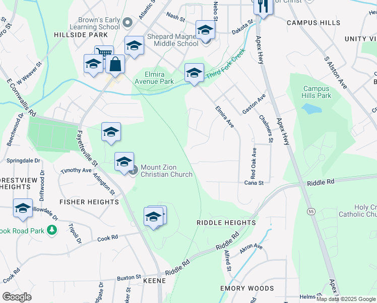 map of restaurants, bars, coffee shops, grocery stores, and more near 2325 Curtis Street in Durham