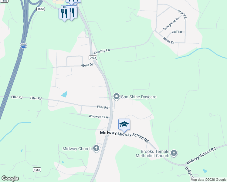 map of restaurants, bars, coffee shops, grocery stores, and more near East Eller Drive in Winston-Salem