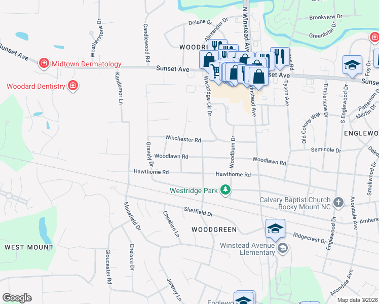 map of restaurants, bars, coffee shops, grocery stores, and more near 3708 Woodlawn Rd in Rocky Mt