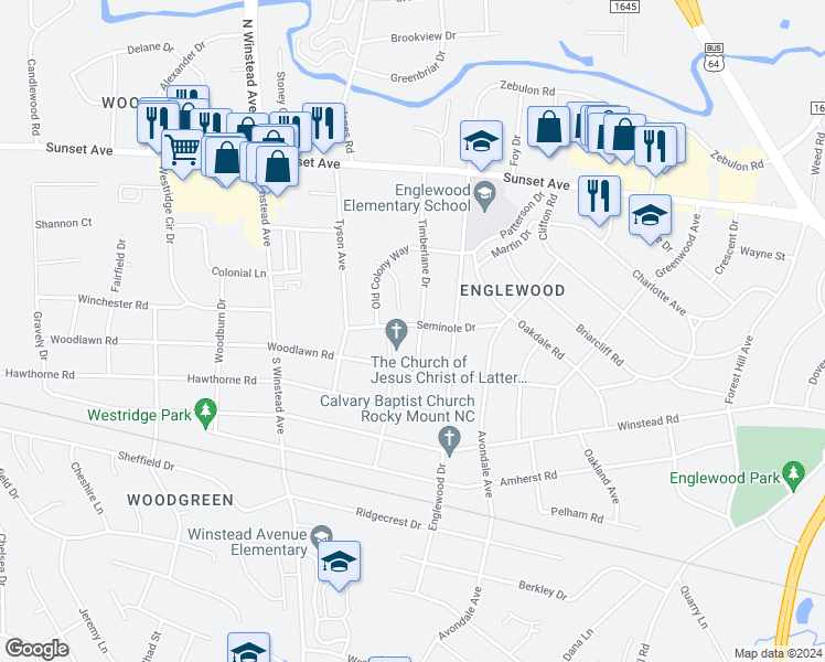 map of restaurants, bars, coffee shops, grocery stores, and more near 300 Timberlane Drive in Rocky Mount