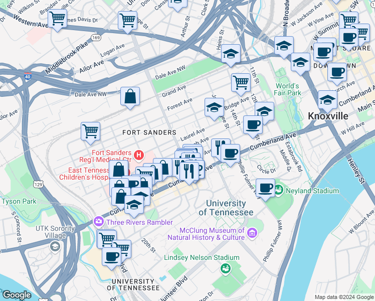 map of restaurants, bars, coffee shops, grocery stores, and more near 1636 Clinch Avenue in Knoxville