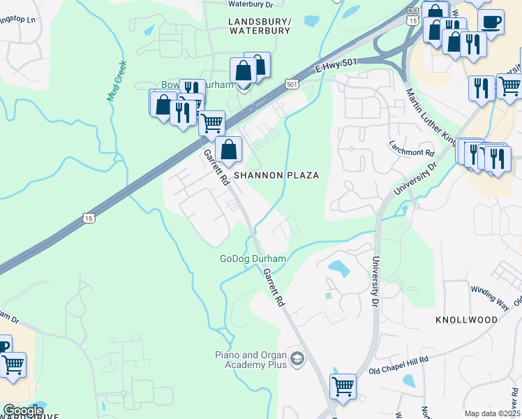 map of restaurants, bars, coffee shops, grocery stores, and more near 4315 Garrett Road in Durham