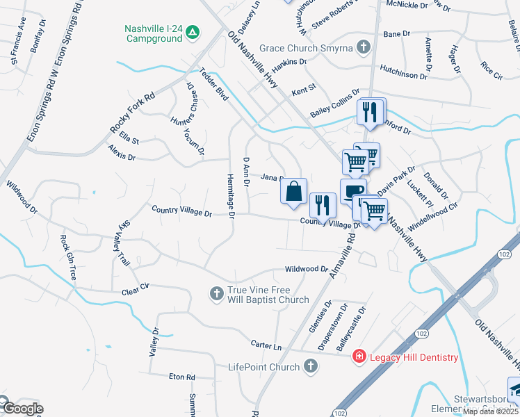 map of restaurants, bars, coffee shops, grocery stores, and more near 293 Country Village Drive in Smyrna