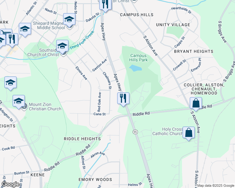 map of restaurants, bars, coffee shops, grocery stores, and more near 2304 North Carolina 55 in Durham