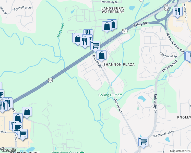 map of restaurants, bars, coffee shops, grocery stores, and more near 4300 Garrett Road in Durham