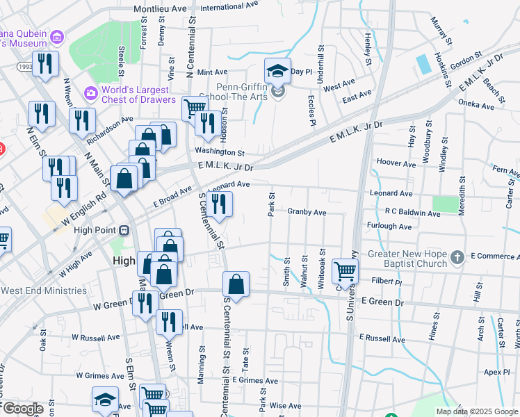 map of restaurants, bars, coffee shops, grocery stores, and more near 611 Granby Avenue in High Point