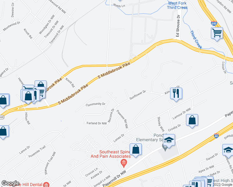 map of restaurants, bars, coffee shops, grocery stores, and more near 4619 Sunflower Road in Knoxville