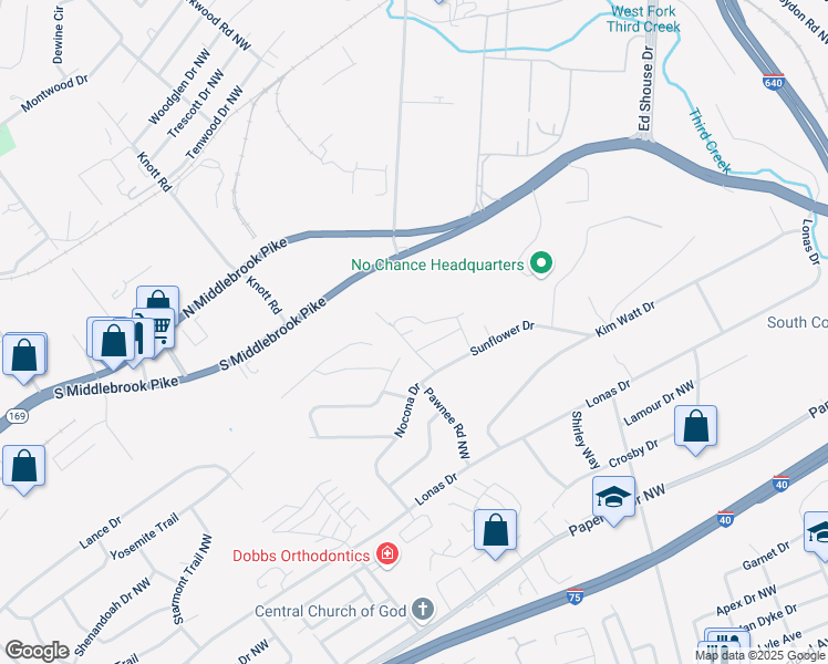 map of restaurants, bars, coffee shops, grocery stores, and more near 4619 Sunflower Road in Knoxville