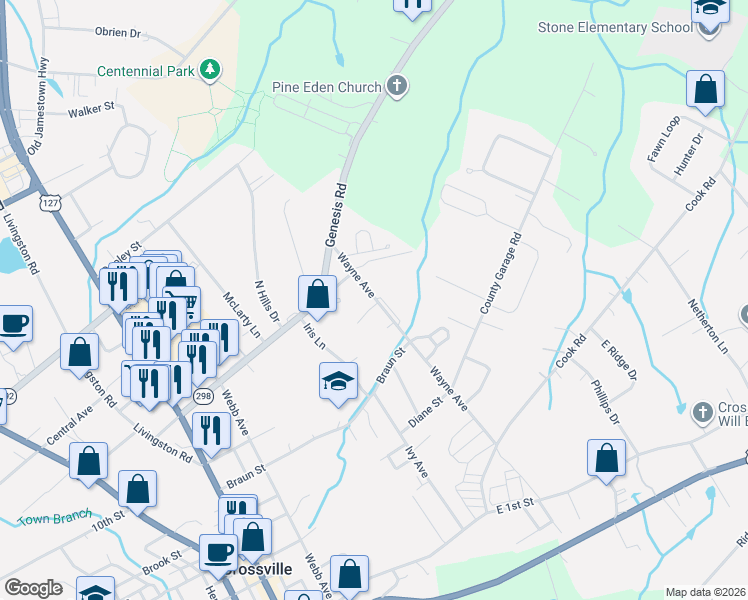map of restaurants, bars, coffee shops, grocery stores, and more near 460 Wayne Avenue in Crossville