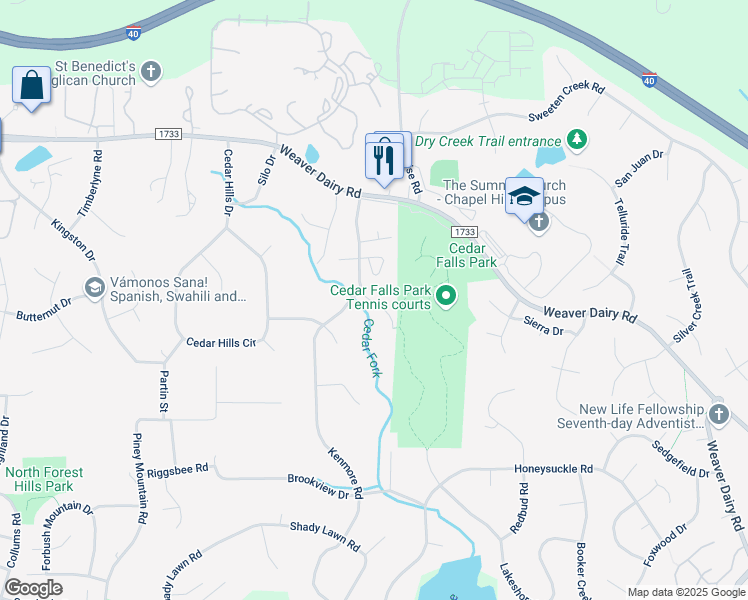 map of restaurants, bars, coffee shops, grocery stores, and more near 888 Cedar Fork Trail in Chapel Hill
