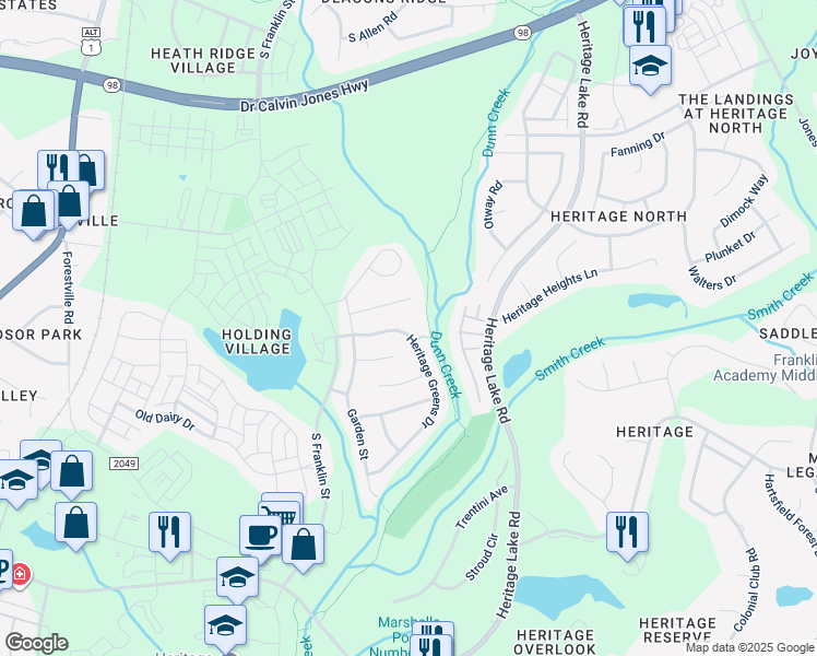 map of restaurants, bars, coffee shops, grocery stores, and more near 933 Heritage Greens Drive in Wake Forest