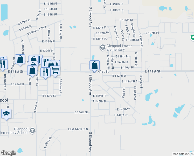 map of restaurants, bars, coffee shops, grocery stores, and more near 1070 East 141st Street in Glenpool