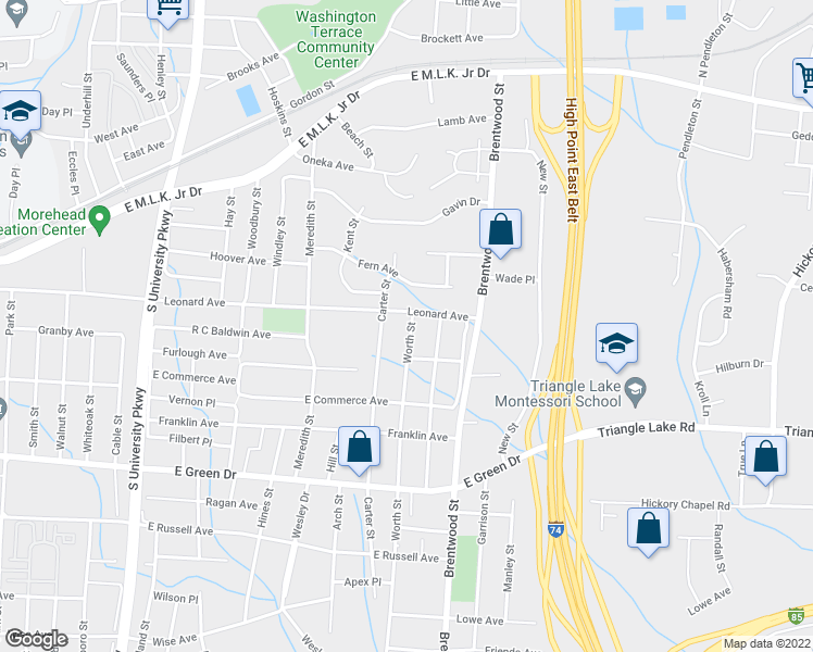 map of restaurants, bars, coffee shops, grocery stores, and more near 804 Worth Street in High Point