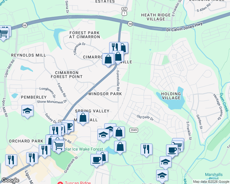 map of restaurants, bars, coffee shops, grocery stores, and more near 1341 Highland Drive in Wake Forest