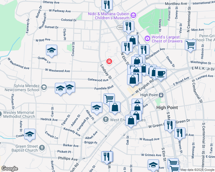 map of restaurants, bars, coffee shops, grocery stores, and more near 501 Ferndale Boulevard in High Point