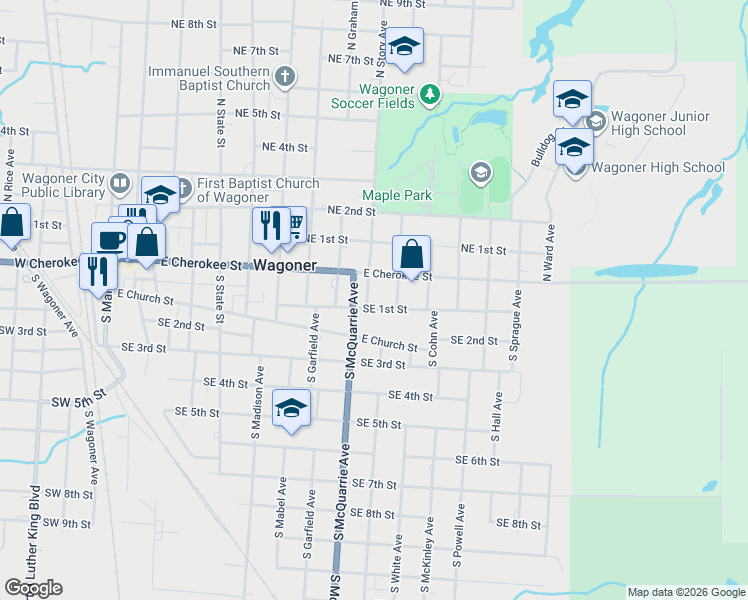 map of restaurants, bars, coffee shops, grocery stores, and more near 109 South Story Avenue in Wagoner