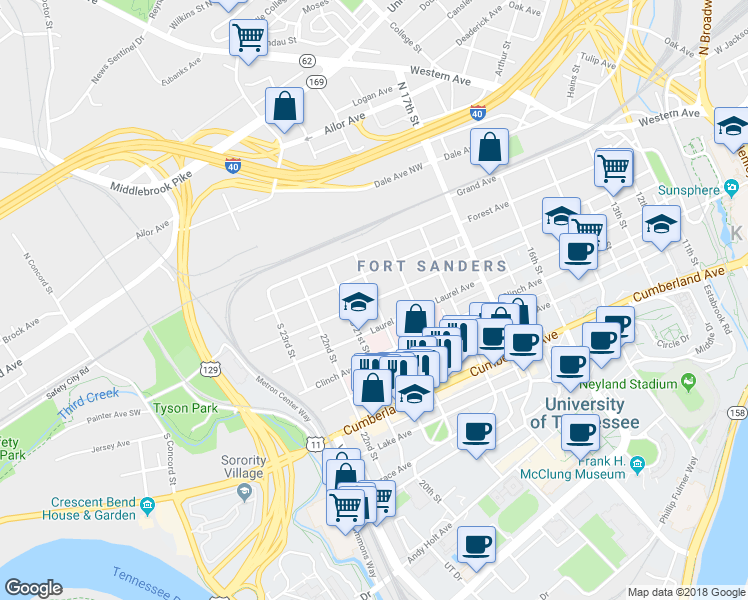map of restaurants, bars, coffee shops, grocery stores, and more near 400 20th Street in Knoxville
