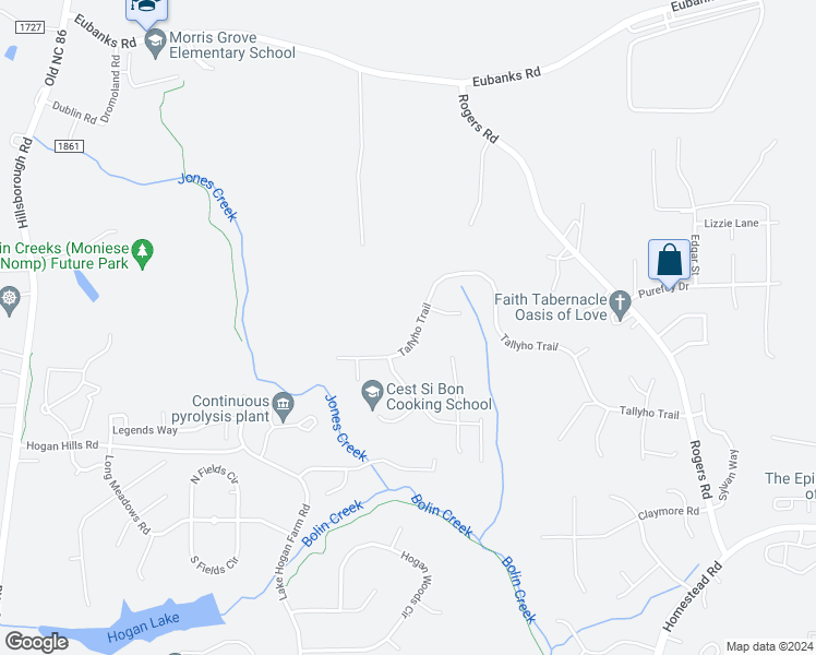 map of restaurants, bars, coffee shops, grocery stores, and more near 1010 Tallyho Trail in Chapel Hill
