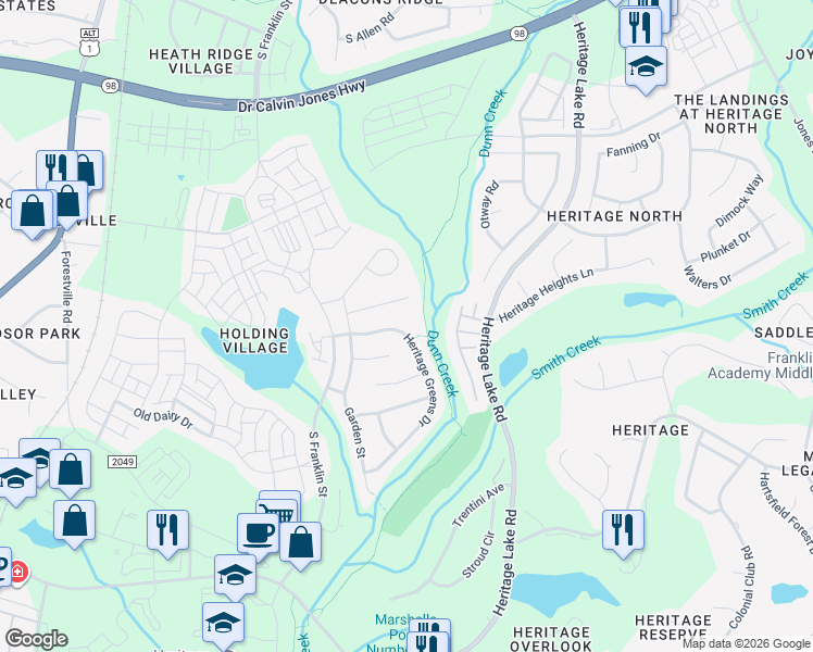 map of restaurants, bars, coffee shops, grocery stores, and more near 933 Heritage Greens Drive in Wake Forest