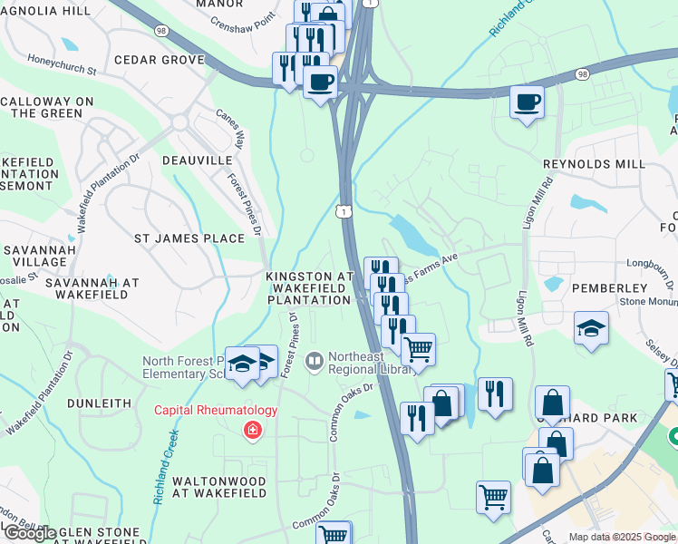 map of restaurants, bars, coffee shops, grocery stores, and more near 11912 Field Towne Lane in Raleigh