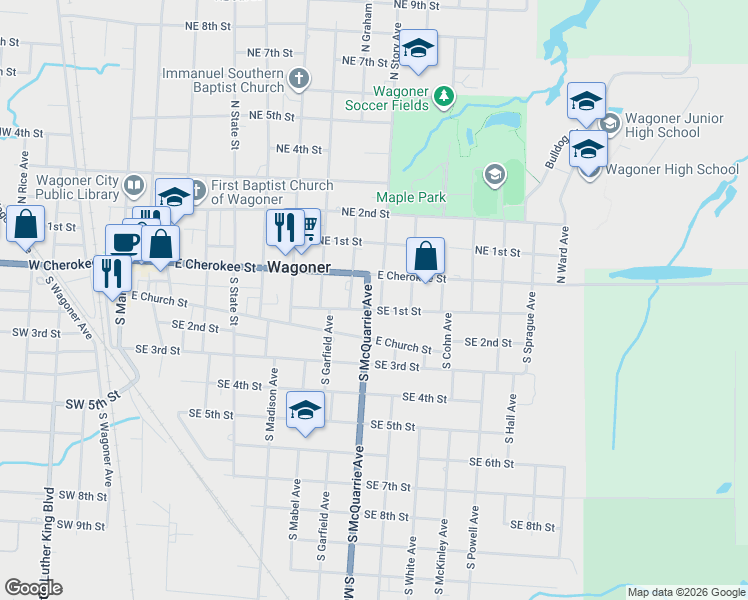 map of restaurants, bars, coffee shops, grocery stores, and more near 109 South Story Avenue in Wagoner