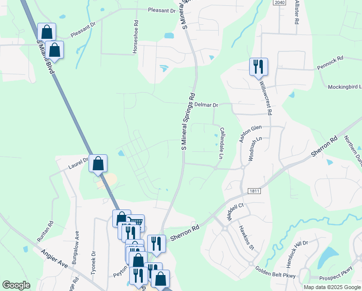 map of restaurants, bars, coffee shops, grocery stores, and more near 1600 South Mineral Springs Road in Durham