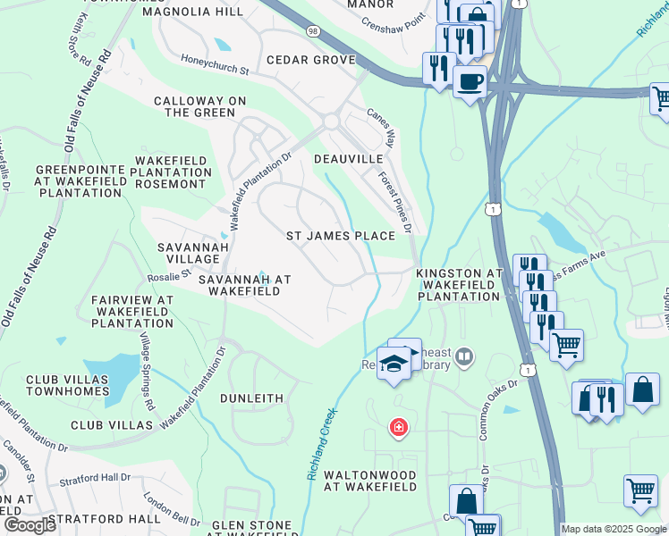 map of restaurants, bars, coffee shops, grocery stores, and more near 12005 Jasmine Cove Way in Raleigh