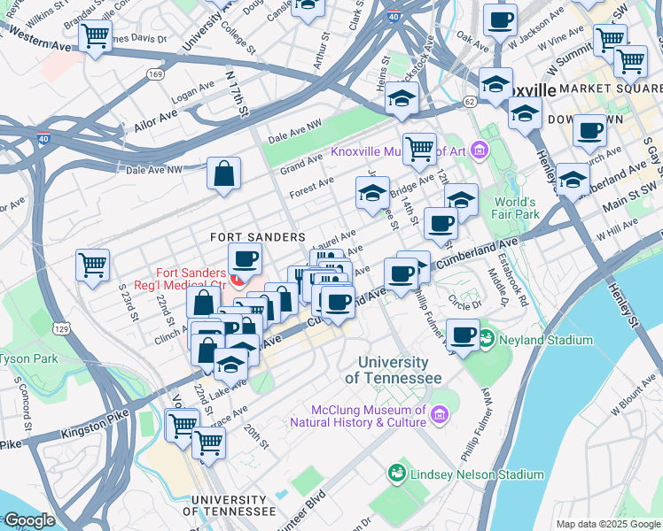 map of restaurants, bars, coffee shops, grocery stores, and more near 1628 Clinch Avenue in Knoxville