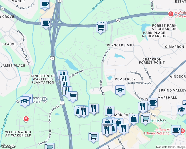 map of restaurants, bars, coffee shops, grocery stores, and more near 1548 Woodfield Creek Drive in Wake Forest