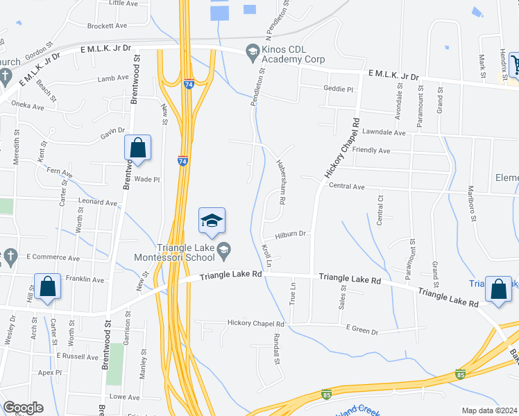 map of restaurants, bars, coffee shops, grocery stores, and more near 716 Kroll Lane in High Point
