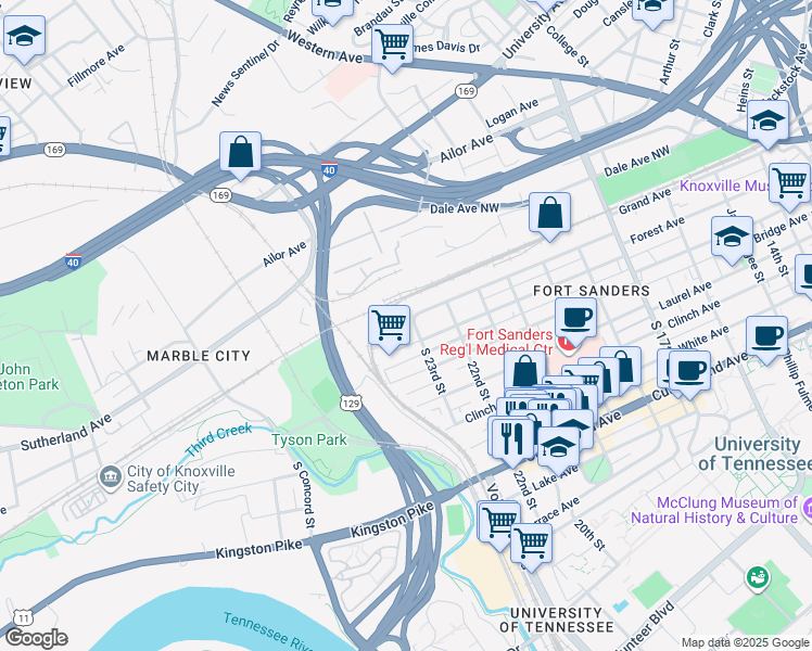 map of restaurants, bars, coffee shops, grocery stores, and more near 115 South 23rd Street in Knoxville