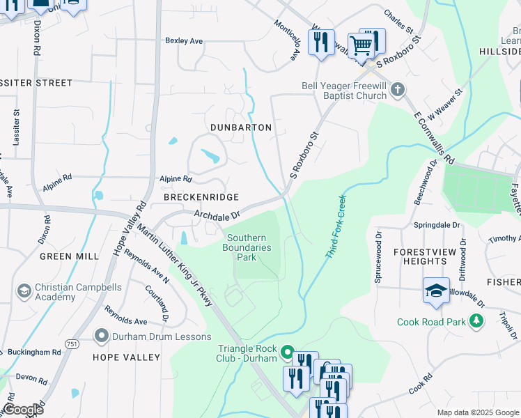map of restaurants, bars, coffee shops, grocery stores, and more near 2516 Oak Ridge Boulevard in Durham