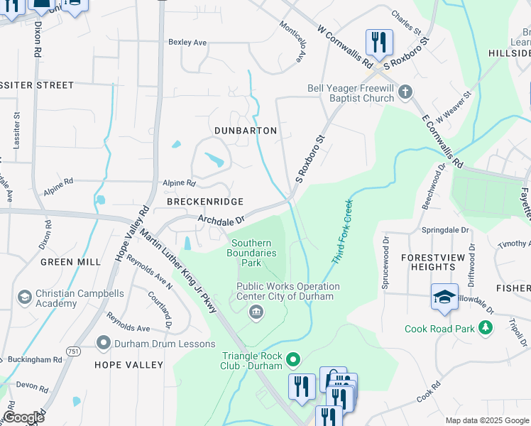 map of restaurants, bars, coffee shops, grocery stores, and more near 2516 Oak Ridge Boulevard in Durham