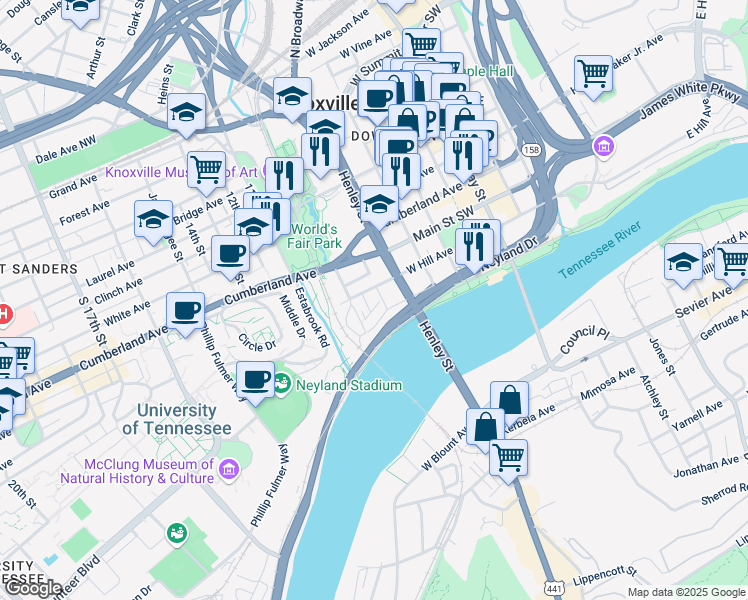 map of restaurants, bars, coffee shops, grocery stores, and more near 801 Front Avenue in Knoxville