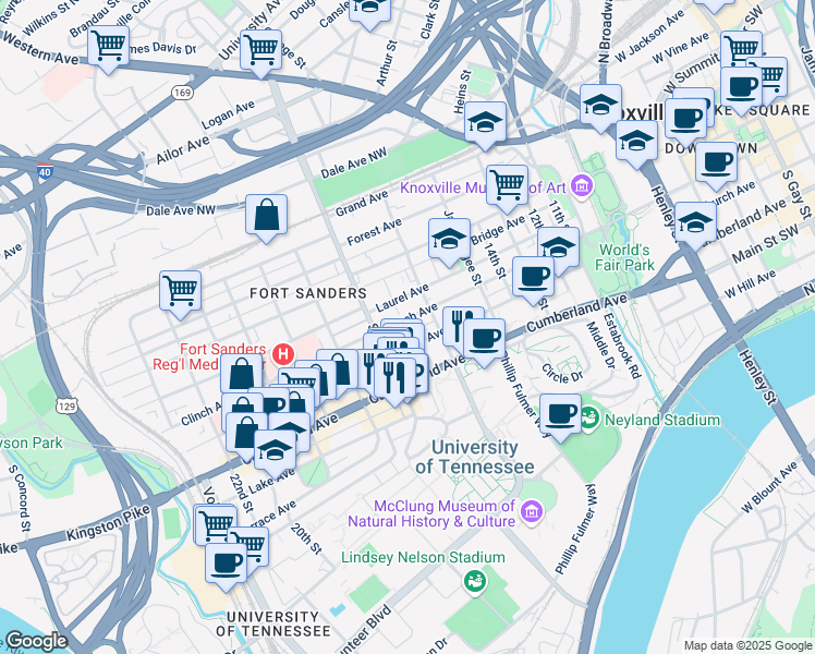 map of restaurants, bars, coffee shops, grocery stores, and more near 1636 Clinch Avenue in Knoxville