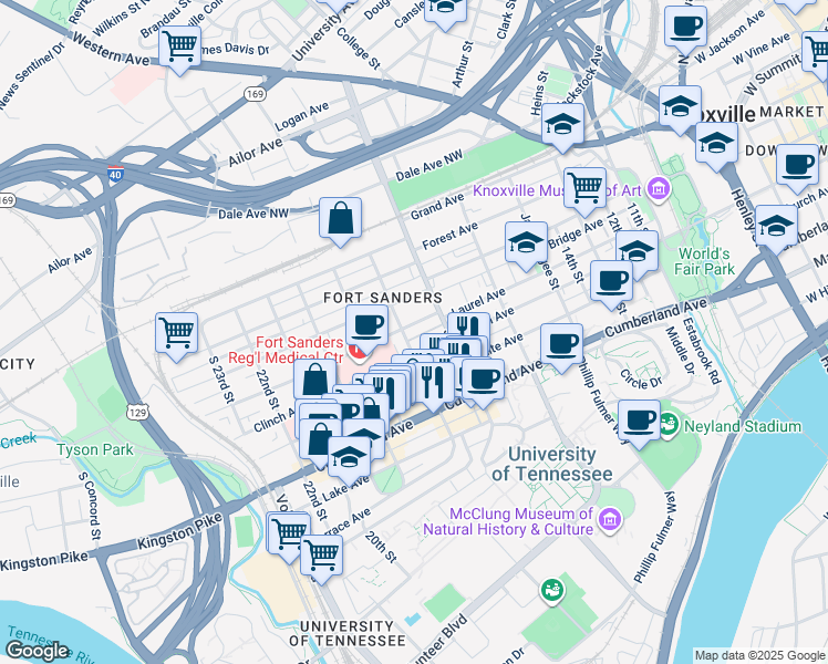 map of restaurants, bars, coffee shops, grocery stores, and more near 509 18th Street in Knoxville