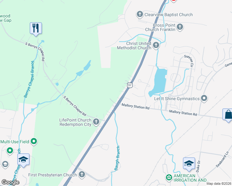 map of restaurants, bars, coffee shops, grocery stores, and more near 455 Franklin Road in Franklin