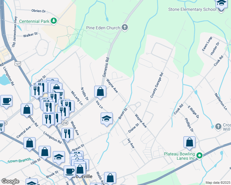map of restaurants, bars, coffee shops, grocery stores, and more near 30 Mountain Village Lane in Crossville