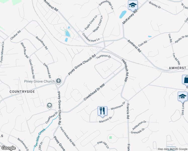 map of restaurants, bars, coffee shops, grocery stores, and more near 6111 Creekhead Drive Northwest in Knoxville