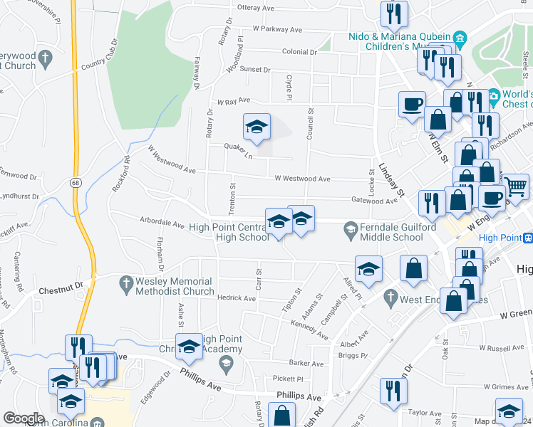 map of restaurants, bars, coffee shops, grocery stores, and more near 816 Ferndale Boulevard in High Point