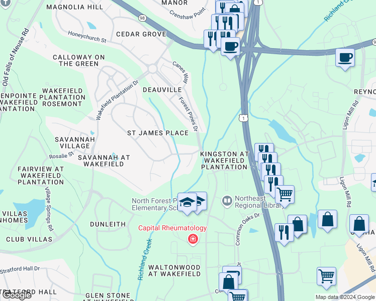map of restaurants, bars, coffee shops, grocery stores, and more near 11822 Pawleys Mill Circle in Raleigh