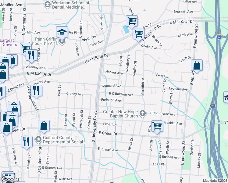 map of restaurants, bars, coffee shops, grocery stores, and more near 1308 R C Baldwin Avenue in High Point