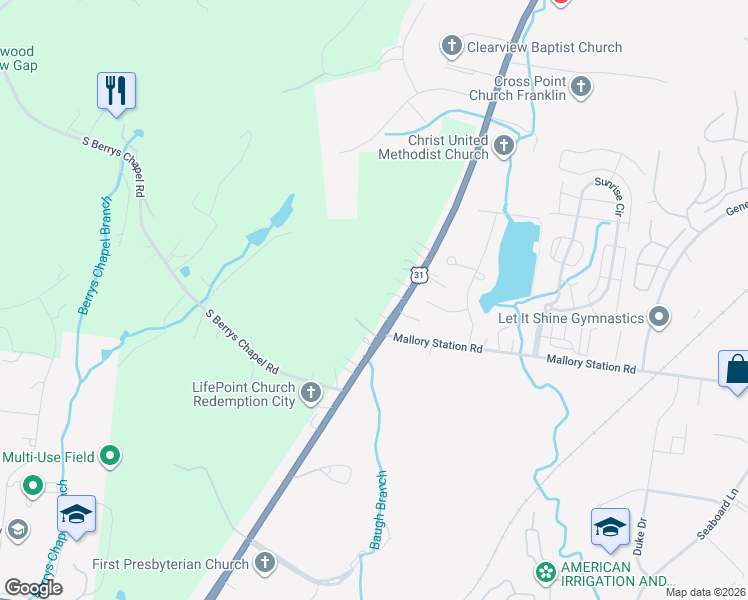 map of restaurants, bars, coffee shops, grocery stores, and more near 455 Franklin Road in Franklin