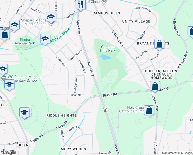 map of restaurants, bars, coffee shops, grocery stores, and more near 2303 North Carolina 55 in Durham
