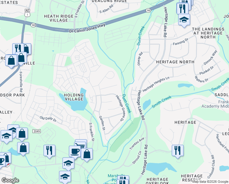 map of restaurants, bars, coffee shops, grocery stores, and more near 929 Heritage Greens Drive in Wake Forest