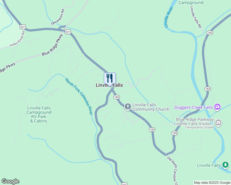 map of restaurants, bars, coffee shops, grocery stores, and more near in Linville Falls