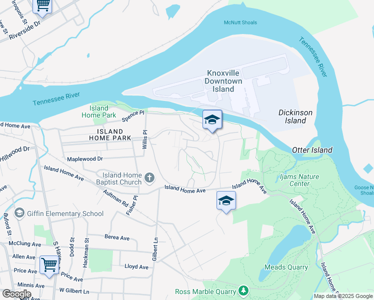 map of restaurants, bars, coffee shops, grocery stores, and more near 2725 Island Home Boulevard in Knoxville