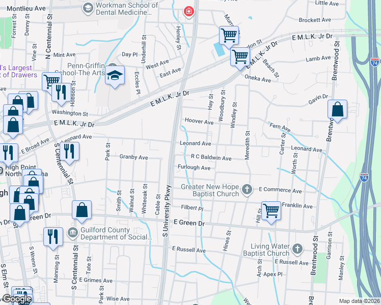 map of restaurants, bars, coffee shops, grocery stores, and more near 1208 Olga Avenue in High Point