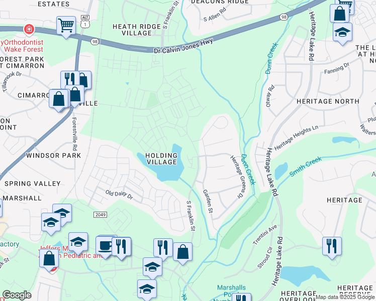 map of restaurants, bars, coffee shops, grocery stores, and more near 1498 Friendship Chapel Road in Wake Forest